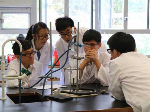 Students doing experiment in chemistry lesson